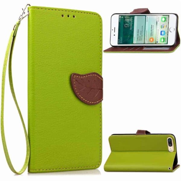 Iphone 8 Plus – Kunstlæder Etui Pung Med Blad Design – Grøn