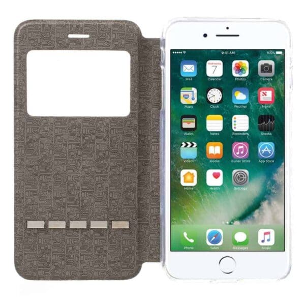 Iphone 8 Plus – Kunstlæder Etui Med Stå-funktion Og Vindue – Guldfarve