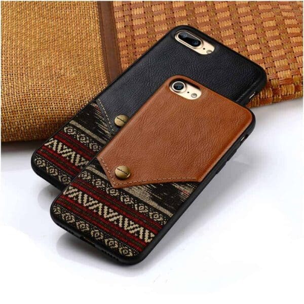 Iphone 8 Plus – Gummi Cover Med Overtrukket Kunstlæder Med Boheme Stil – Sort