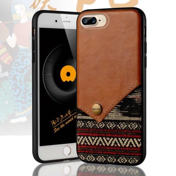 Iphone 8 Plus – Gummi Cover Med Overtrukket Kunstlæder Med Boheme Stil – Brun