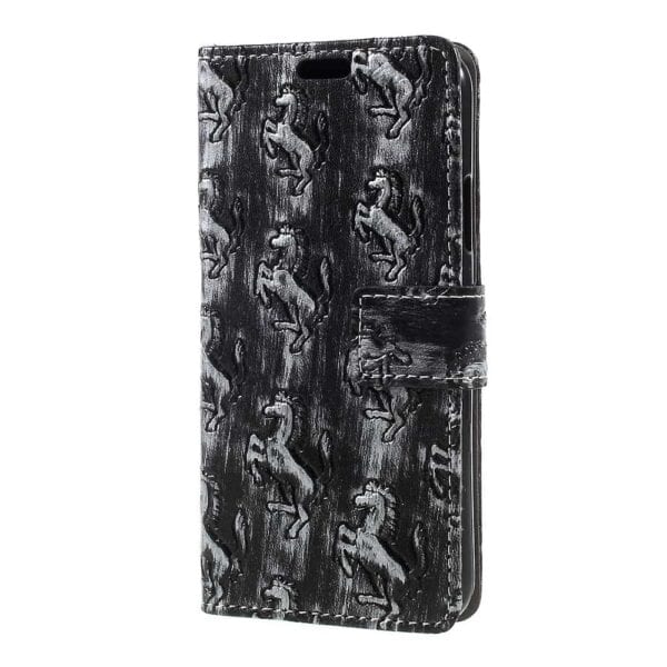 Iphone X – Kunstlæder Etui Pung Med Præget Metal Stil – Grå / Heste