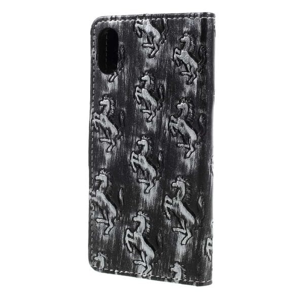 Iphone X – Kunstlæder Etui Pung Med Præget Metal Stil – Grå / Heste