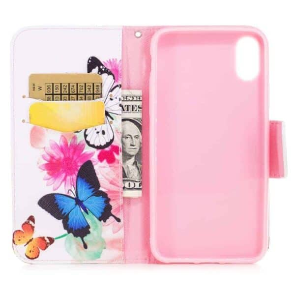 Iphone X – Kunstlæder Cover Pung Med Præget Mønster – Sommerfugl Og Blomster