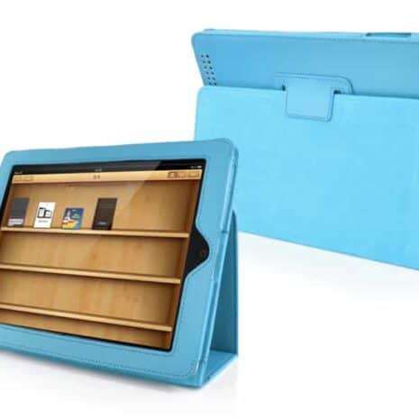 a blue tablet with a screen showing a shelf