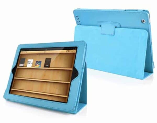 a blue tablet with a screen showing a shelf