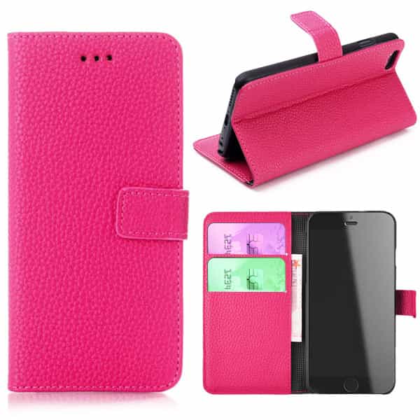 Iphone 6/6s - Litchi Magnetisk Flip Pu Læder Cover Med Kort Slots - Magenta