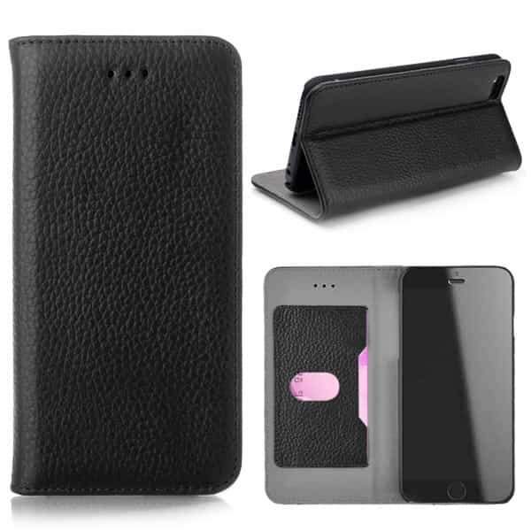 Iphone 6/6s - Elegant Litchi Præget Magnetisk Etui Med Kort Slots - Sort