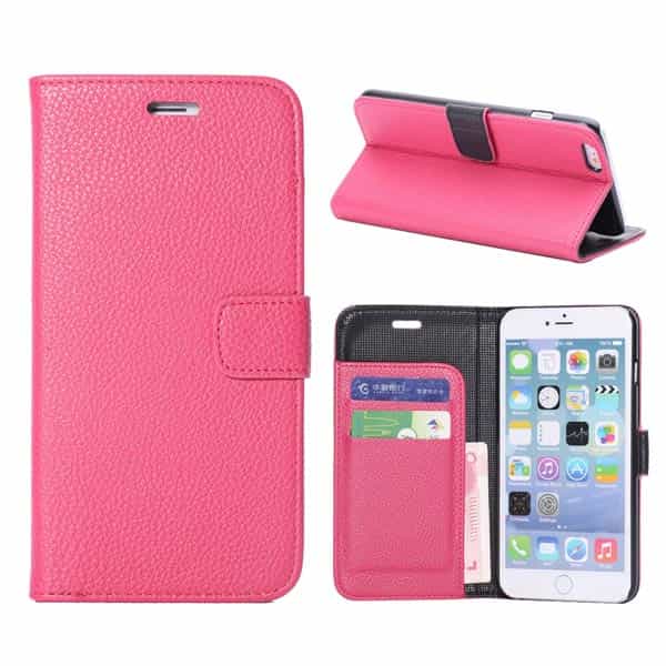 Iphone 6/6s  Plus - Litchi Flip Læder Cover Med Kort Slots - Magenta