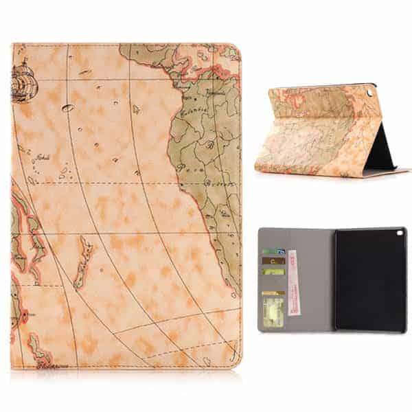 Ipad Air 2 (a1566, A1567) - Map Design Pu Læder Cover Med Sleep/wake Og Kort Slots - Lysebrun