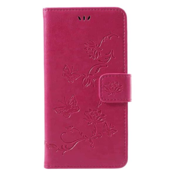 Iphone X - Kunstlæder Pung Etui Med Prægede Sommerfugle Og Blomster - Rosa
