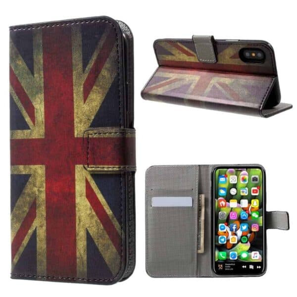 Iphone X - Kunstlæder Flip Etui Med Kreditkort Holdere Og Præget Mønster - Retro Uk Flag