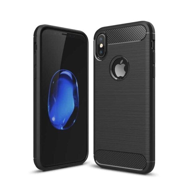 Iphone X - Blødt Gummi Cover Med Børstet Kulfiber Textil Look - Sort