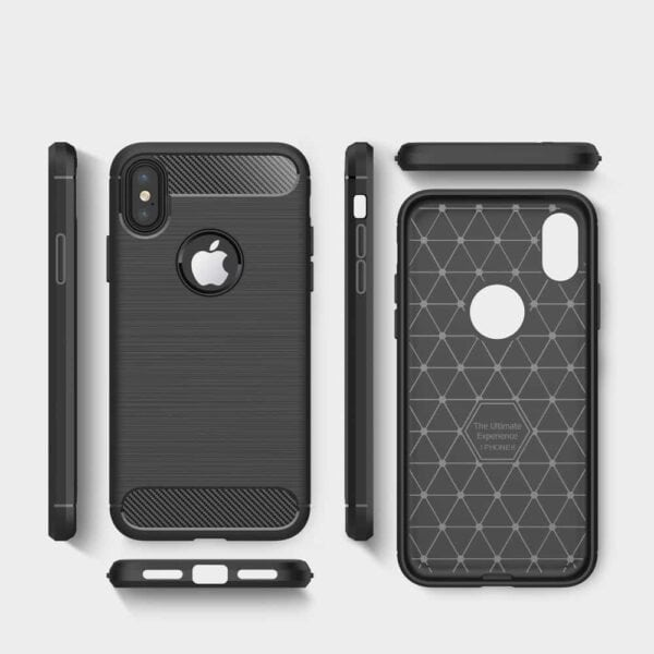 Iphone X - Blødt Gummi Cover Med Børstet Kulfiber Textil Look - Sort