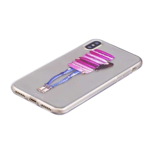 Iphone X - Blødt Gummi Cover Transparent Med Præget Mønster - Pige Holder Makroner