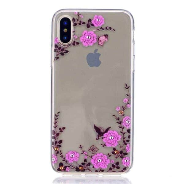 Iphone X - Blødt Gummi Cover Transparent Med Præget Mønster - Smukke Blomster