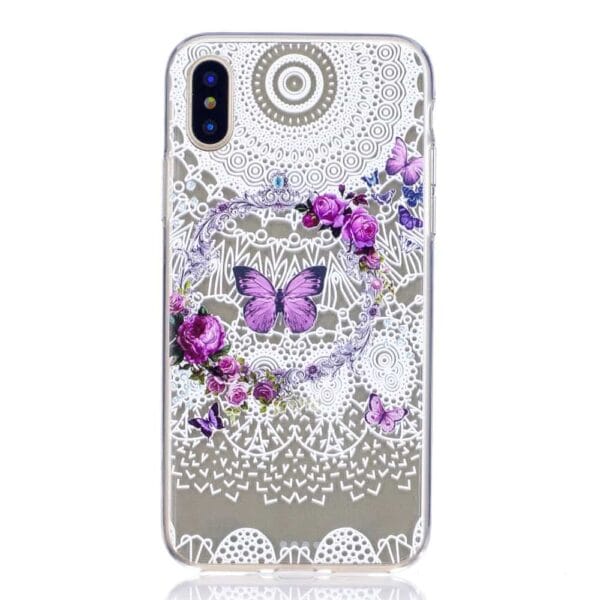 Iphone X - Blødt Gummi Cover Transparent Med Præget Mønster - Blomsterkrans Og Sommerfugle