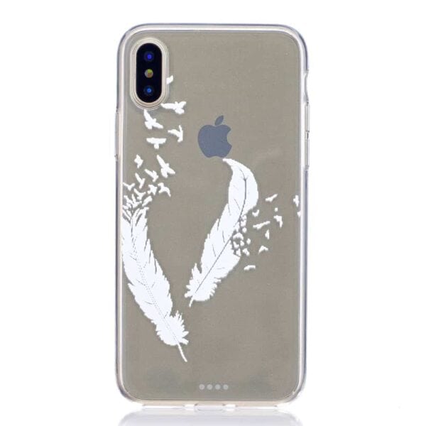 Iphone X - Blødt Gummi Cover Transparent Med Præget Mønster - Fjer