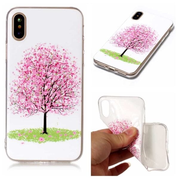 Iphone X - Gummi Cover Med Klart Støbt Mønster - Lyserødt Blomstertræ