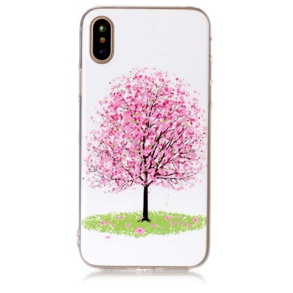 Iphone X - Gummi Cover Med Klart Støbt Mønster - Lyserødt Blomstertræ