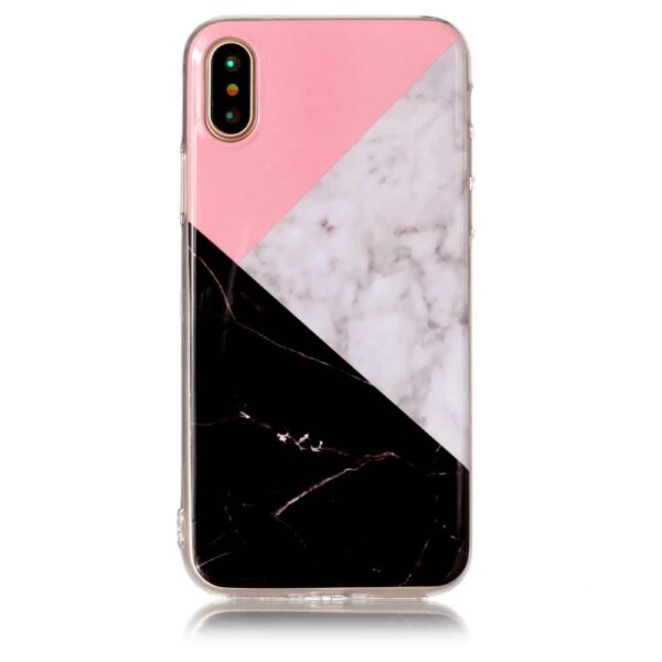 Iphone X - Gummi Cover Med Marmor Mønster - Sort / Hvid / Lyserød