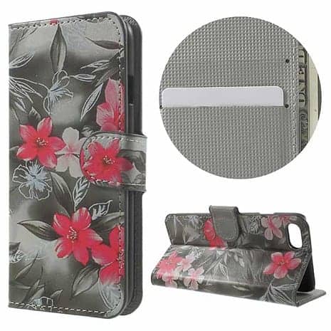 Iphone 7 - Pu Læder Pung Etui Cover Med Stand - Røde Blomster