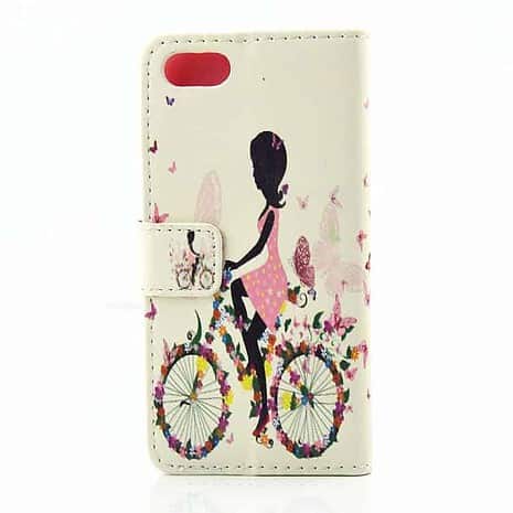 Iphone 7 - Rhinsten Flip Pung Pu Læder Etui - Sommerfugle Pige På Cykel