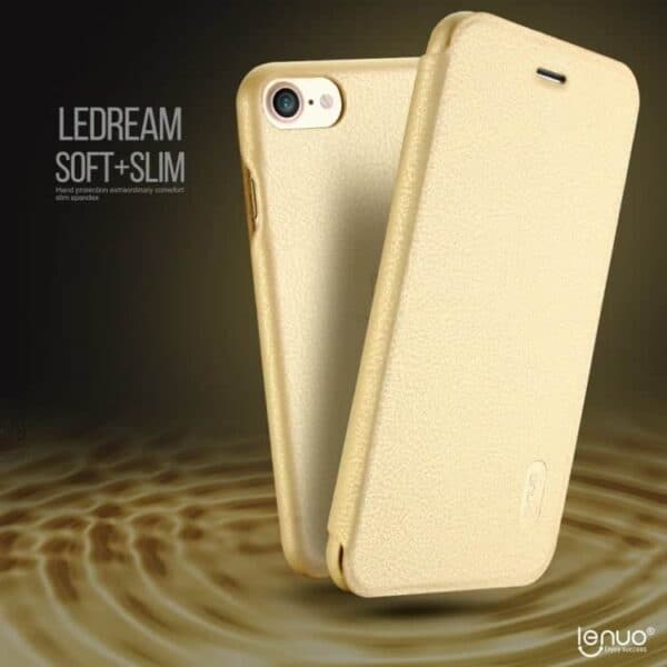 Iphone 7 - Lenuo Ledream Tyndt Pu Læder Flip Cover - Guld