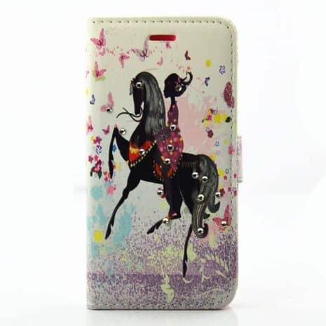 Iphone 7 - Rhinestones Pu Læder Cover Med Kortslots - Pige Rider På Hest Med Sommerfugle