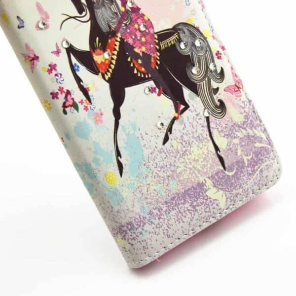 Iphone 7 - Rhinestones Pu Læder Cover Med Kortslots - Pige Rider På Hest Med Sommerfugle