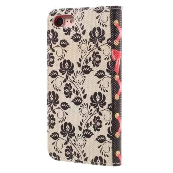 Iphone 7 - Pu Læder Cover  Med Pung Og Kortslots - Blomster Og Sløjfe