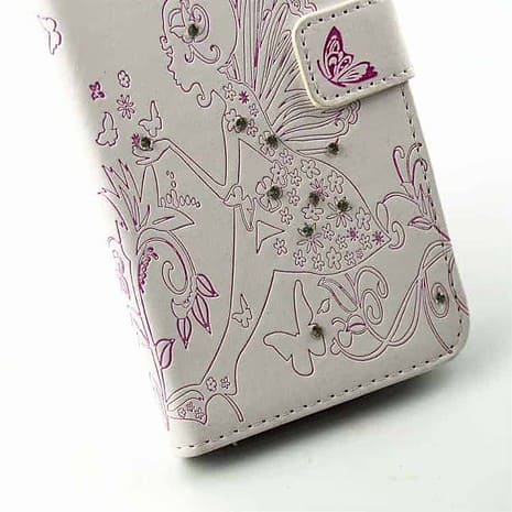 Iphone 7 Plus - Præget Sommerfugl Og Fe Krystal Dekoration Pu Læder Flip Cover - Hvid/rosa