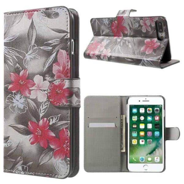 Iphone 7 Plus - Mønstret Folio Pu Læder Pung Stand Cover - Levende Blomster