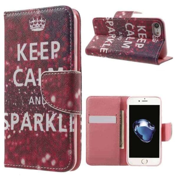 Iphone 7 - Mønstret Printet Pu Læder Pung Etui - Keep Calm And Sparkle