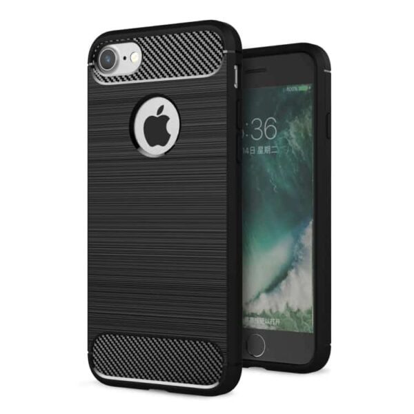 Iphone 7 - Robust Børstet Tpu Back Cover Med Carbon Fiber - Sort