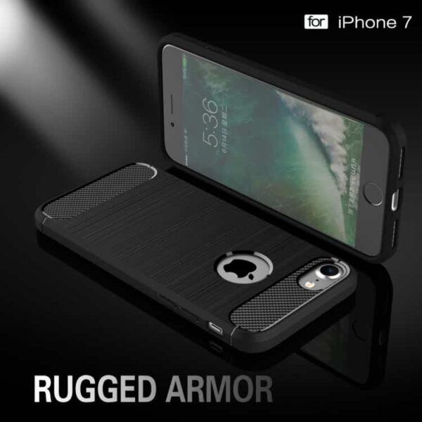 Iphone 7 - Robust Børstet Tpu Back Cover Med Carbon Fiber - Sort