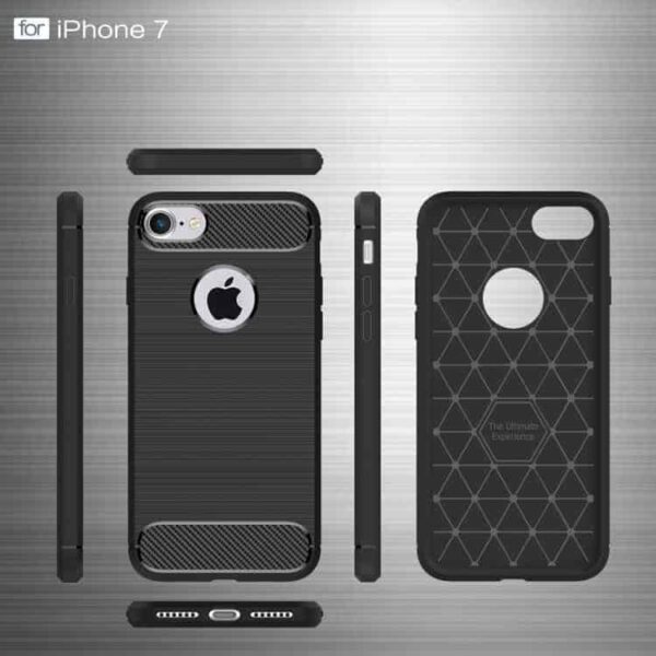 Iphone 7 - Robust Børstet Tpu Back Cover Med Carbon Fiber - Sort