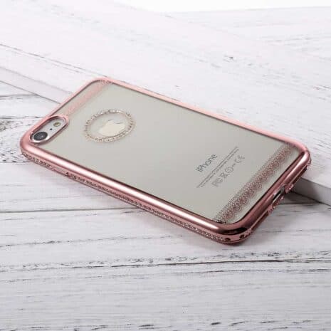 Iphone 8 - Gummi Cover Med Rhinsten Dekoration - Lace Mønster / Rosaguldkant