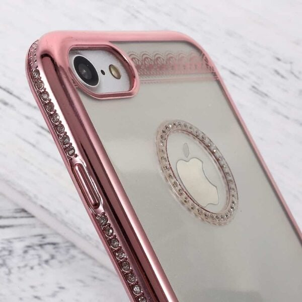 Iphone 8 - Gummi Cover Med Rhinsten Dekoration - Lace Mønster / Rosaguldkant