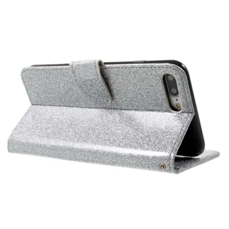 Iphone 8 Plus - Kunstlæder Etui Pung Med Funklende Pulver - Sølv