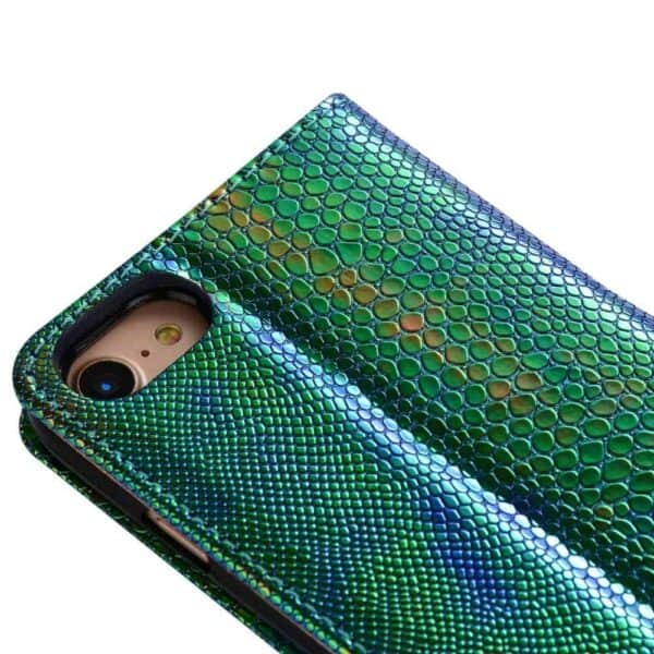 Iphone 8 - Kunstlæder Etui Med Kreditkort Holder Og Slange Textil - Grøn