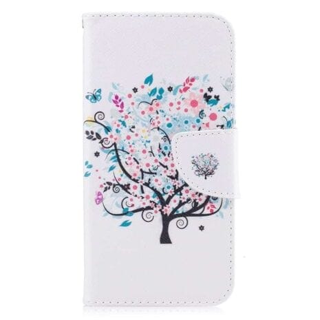 Iphone X - Kunstlæder Cover Pung Med Præget Mønster - Blomstertræ