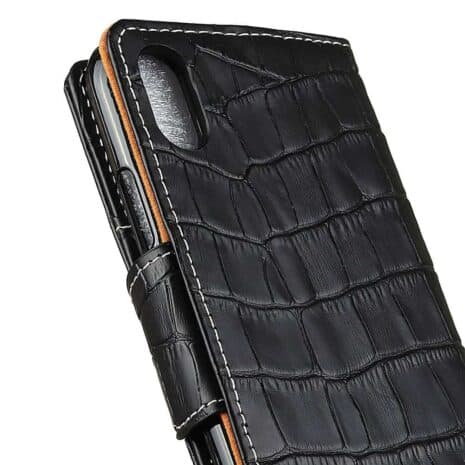 Iphone X - Ægte Læder Cover Pung Med Krokodille Textil - Sort