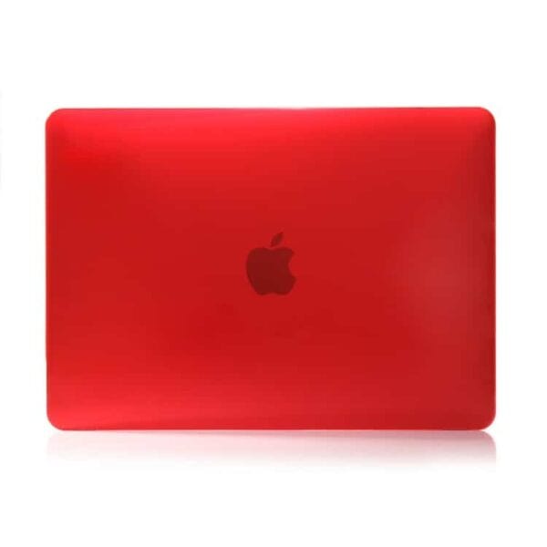 a red laptop with a logo on it