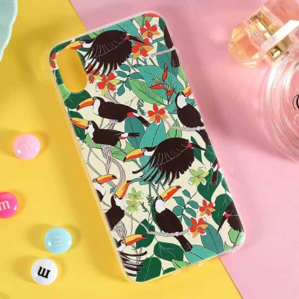 Iphone X - Blødt Gummi Cover Med Printet Mønster - Tukan Og Blomster