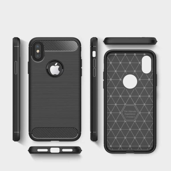 Iphone X - Blødt Gummi Cover Med Børstet Kulfiber Textil Look - Sort