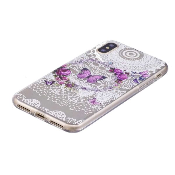 Iphone X - Blødt Gummi Cover Transparent Med Præget Mønster - Blomsterkrans Og Sommerfugle