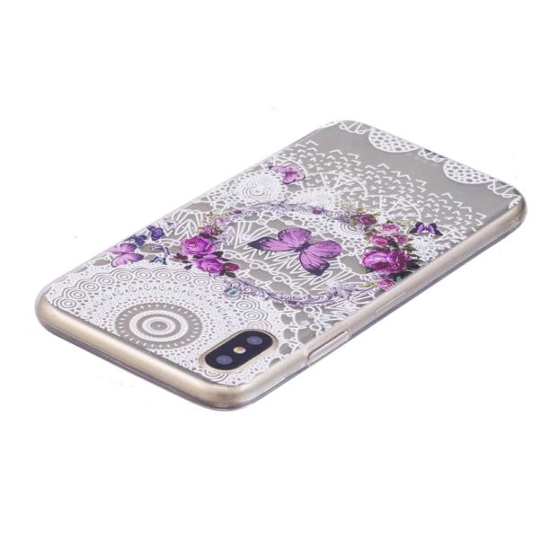 Iphone X - Blødt Gummi Cover Transparent Med Præget Mønster - Blomsterkrans Og Sommerfugle