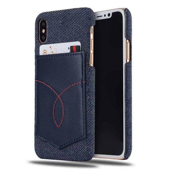 Iphone X - Hard Plastik Cover Med Overtrukket Ægte Læder Textil - Mørkeblå