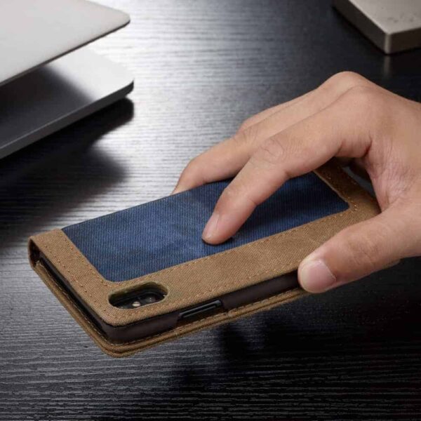 Iphone X - Kunstlæder Etui Pung Med Stå-funktion Og Kanvas Design - Blå