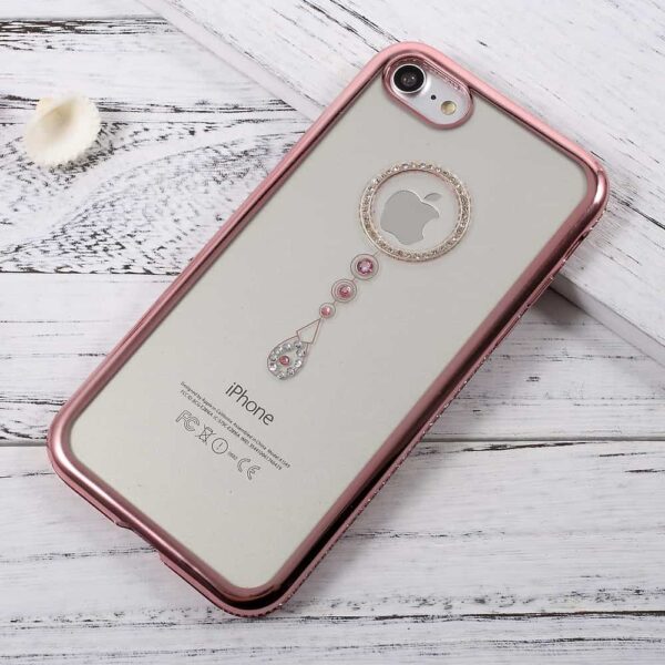 Iphone 8 - Gummi Cover Med Rhinsten Dekoration - Vanddråbe / Rosaguldkant